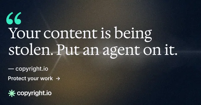 Social ad for copyright.io: "Put an agent on it." Minimal luxury style, quote layout, dark palette in black, grey.