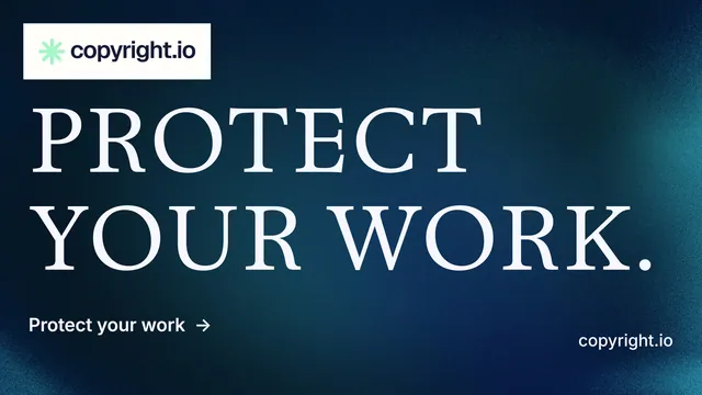 Landscape graphic for copyright.io: "Protect your work." Minimal luxury style, poster layout, dark palette in blue, black, grey.
