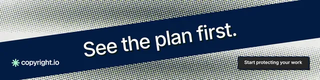 LinkedIn banner for copyright.io: "See the plan first." Brutalist style, diagonal layout, dark palette in blue, grey.