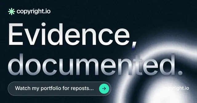 Social ad for copyright.io: "Evidence, documented." Agentic glass style, poster layout, dark palette in black, blue, grey.