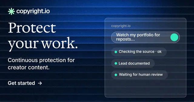 Social ad for copyright.io: "Protect your work." Minimal luxury style, bottom layout, dark palette in blue, black.