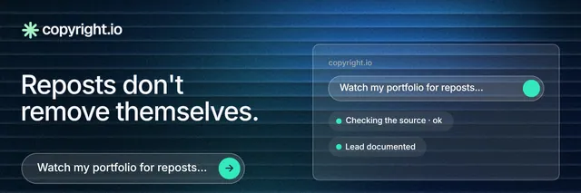 X header for copyright.io: "Reposts don't remove themselves." Agentic glass style, bottom layout, dark palette in blue, black.