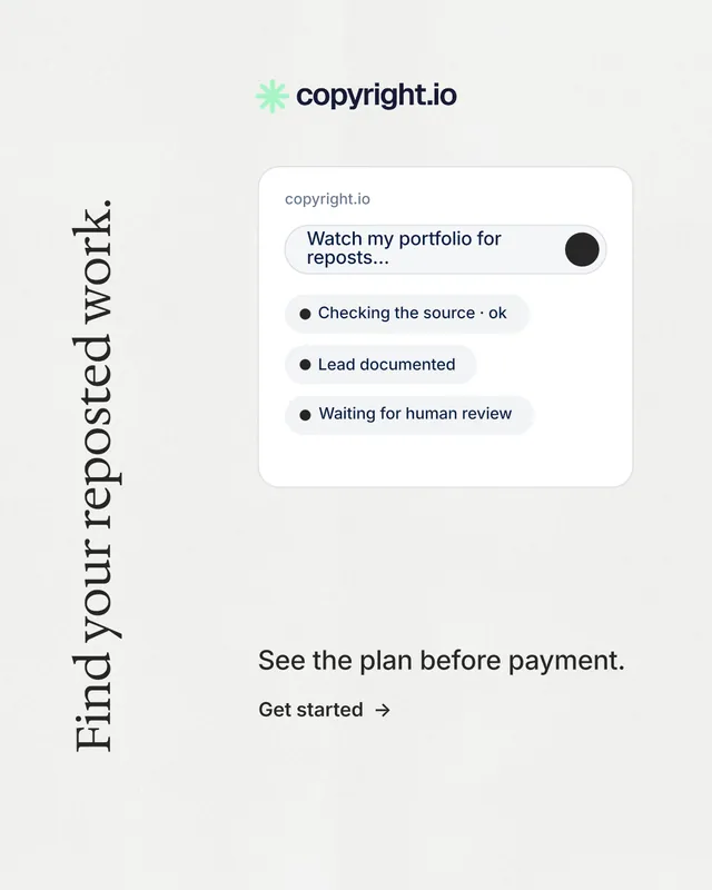 Instagram portrait post for copyright.io: "Find your reposted work." Minimal luxury style, vertical layout, light palette in white.