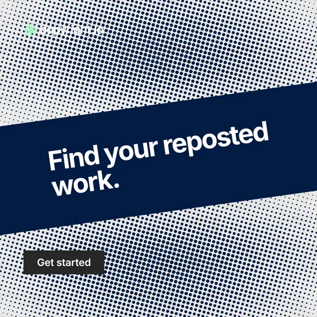 Instagram post for copyright.io: "Find your reposted work." Swiss style, diagonal layout, light palette in grey, blue.