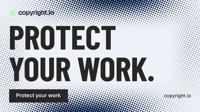 Landscape graphic for copyright.io: "Protect your work." Retro print style, poster layout, light palette in blue, grey, white.