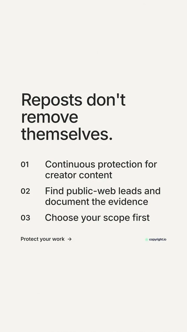 Instagram story for copyright.io: "Reposts don't remove themselves." Minimal luxury style, numbered layout, light palette in white, grey.