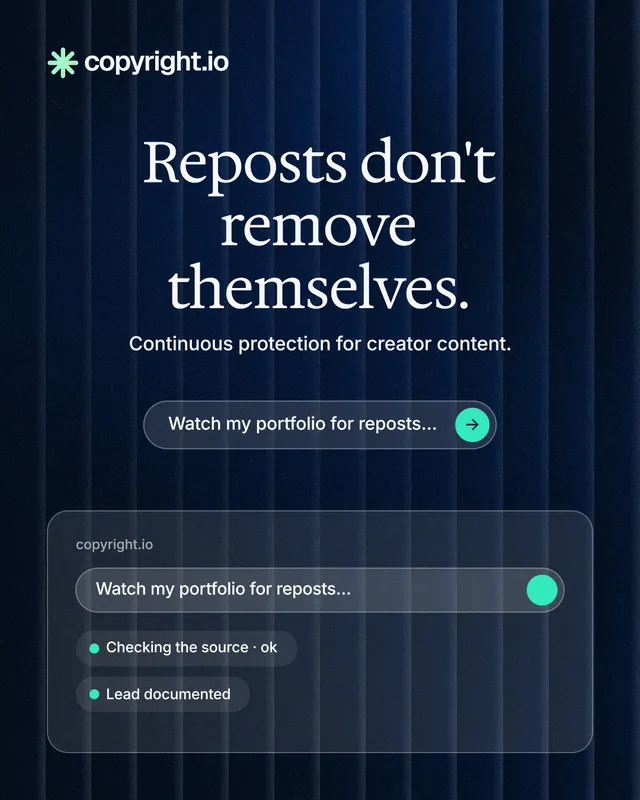 Instagram portrait post for copyright.io: "Reposts don't remove themselves." Agentic glass style, centred layout, dark palette in black, blue, grey.