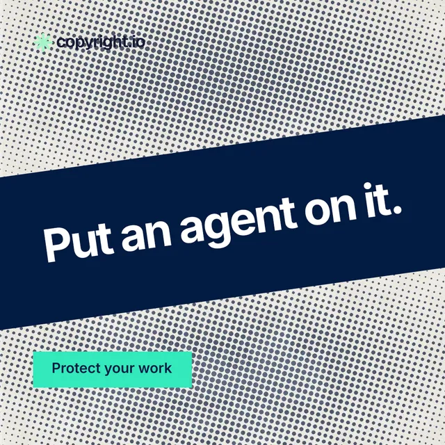 Instagram post for copyright.io: "Put an agent on it." Swiss style, diagonal layout, light palette in grey, white, blue.