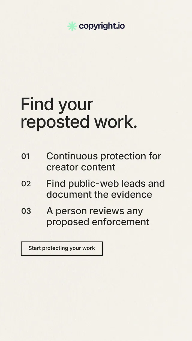 Instagram story for copyright.io: "Find your reposted work." Editorial style, numbered layout, light palette in white.