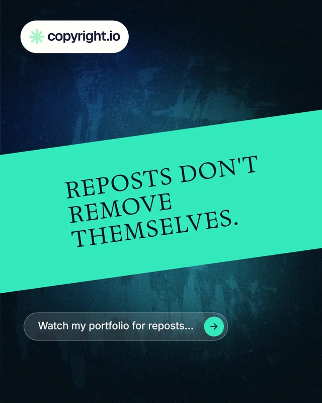 Instagram portrait post for copyright.io: "Reposts don't remove themselves." Agentic glass style, diagonal layout, dark palette in teal, black, blue.