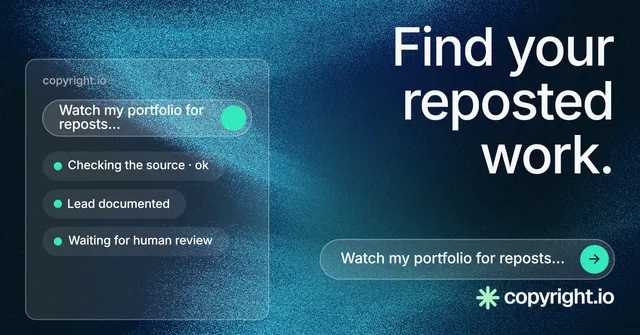 Social ad for copyright.io: "Find your reposted work." Agentic glass style, right layout, dark palette in blue, black.