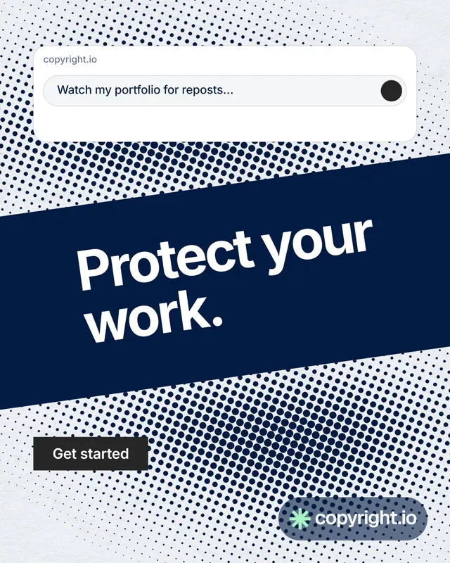 Instagram portrait post for copyright.io: "Protect your work." Swiss style, diagonal layout, light palette in white, blue, grey.