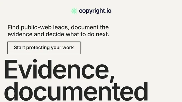 Landscape graphic for copyright.io: "See the plan first." Editorial style, oversized layout, light palette in white, grey, green.