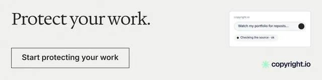 LinkedIn banner for copyright.io: "Protect your work." Editorial style, skeleton layout, light palette in white.