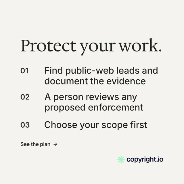 Instagram post for copyright.io: "Protect your work." Minimal luxury style, numbered layout, light palette in white, grey.