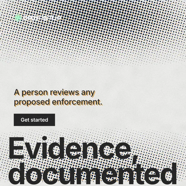 Instagram post for copyright.io: "Evidence, documented." Swiss style, oversized layout, light palette in grey, white.