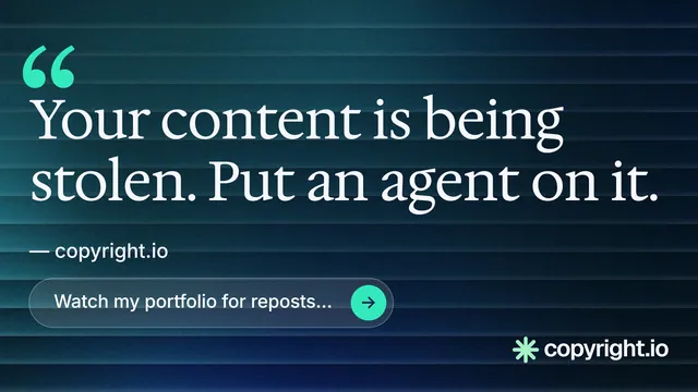 Landscape graphic for copyright.io: "Continuous protection for creators." Agentic glass style, quote layout, dark palette in blue, black, teal.