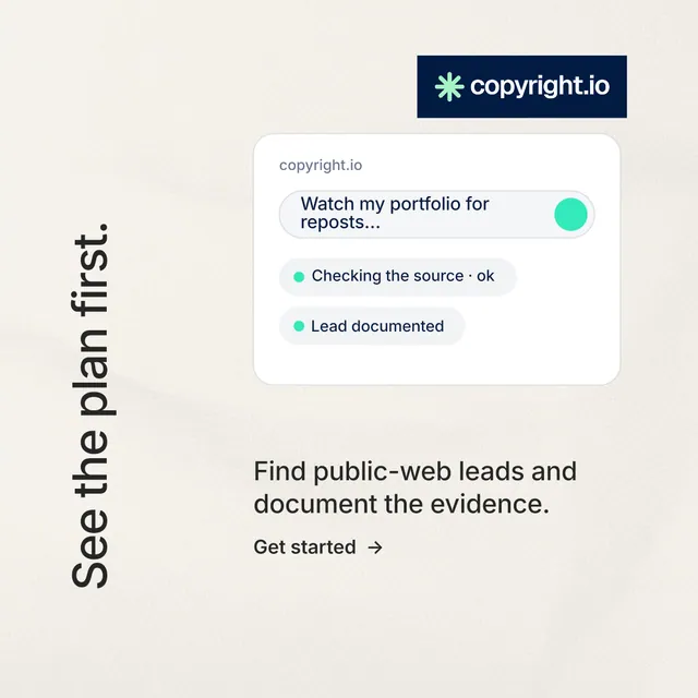 Instagram post for copyright.io: "See the plan first." Minimal luxury style, vertical layout, light palette in white, grey.