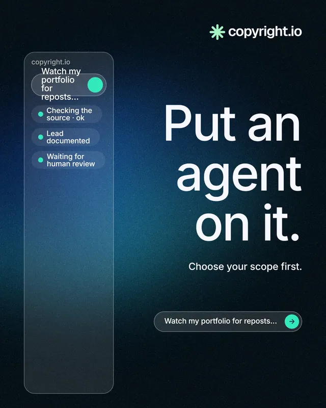 Instagram portrait post for copyright.io: "Put an agent on it." Agentic glass style, right layout, dark palette in blue, black.