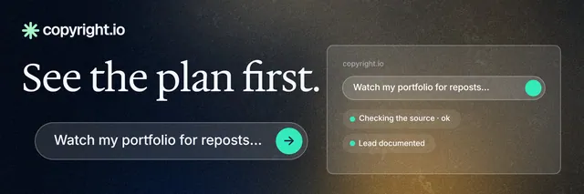 X header for copyright.io: "See the plan first." Agentic glass style, skeleton layout, dark palette in black, grey.