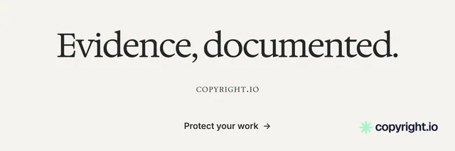 X header for copyright.io: "Evidence, documented." Swiss style, smallcaps layout, light palette in white, grey.