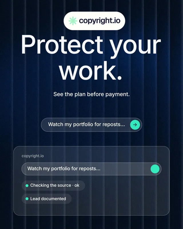 Instagram portrait post for copyright.io: "Protect your work." Agentic glass style, centred layout, dark palette in black, blue, grey.
