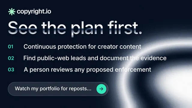 Landscape graphic for copyright.io: "See the plan first." Agentic glass style, numbered layout, dark palette in black, blue, grey.