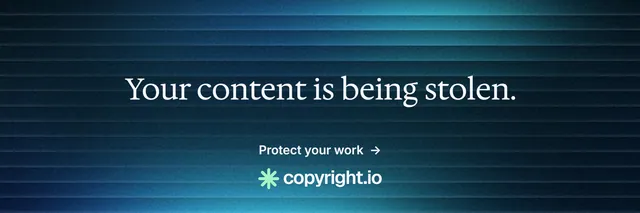 X header for copyright.io: "Your content is being stolen." Minimal luxury style, centred layout, dark palette in blue, black.