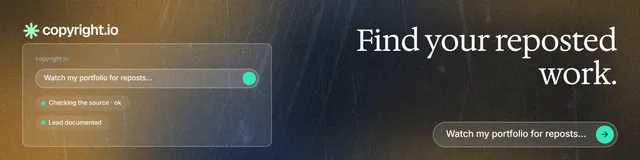 LinkedIn banner for copyright.io: "Find your reposted work." Agentic glass style, right layout, dark palette in black, orange, grey.