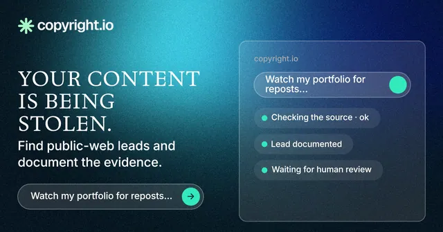 Social ad for copyright.io: "Your content is being stolen." Agentic glass style, bottom layout, dark palette in blue, black, teal.