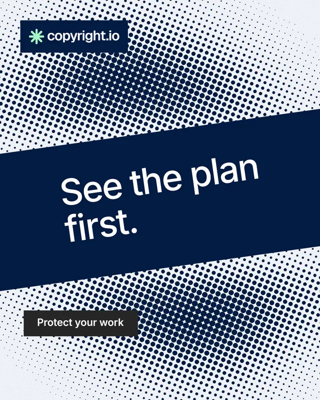 Instagram portrait post for copyright.io: "See the plan first." Split block style, diagonal layout, light palette in blue, grey.