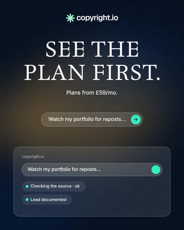 Instagram portrait post for copyright.io: "See the plan first." Agentic glass style, centred layout, dark palette in black, grey, blue.