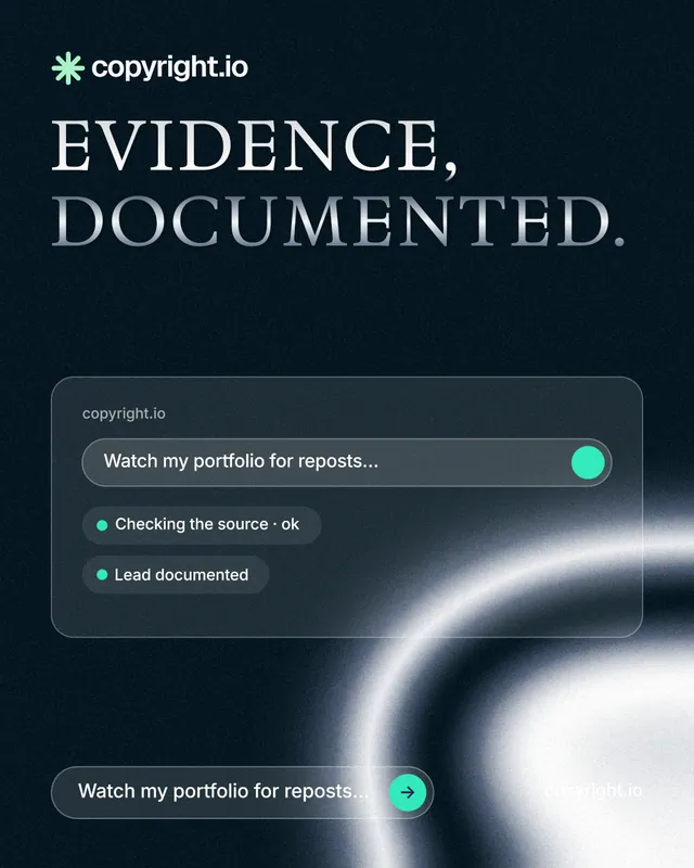 Instagram portrait post for copyright.io: "Evidence, documented." Agentic glass style, poster layout, dark palette in black, blue, grey.