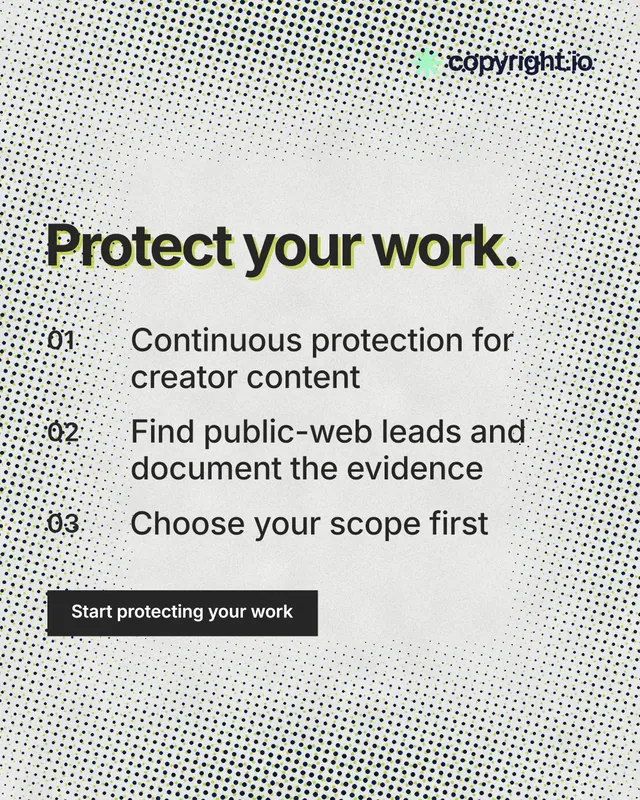 Instagram portrait post for copyright.io: "Protect your work." Swiss style, numbered layout, light palette in grey, white.