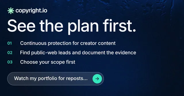 Social ad for copyright.io: "See the plan first." Agentic glass style, numbered layout, dark palette in blue, black.