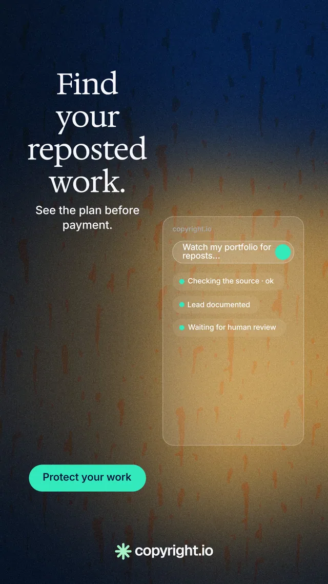 Instagram story for copyright.io: "Find your reposted work." Agentic glass style, skeleton layout, dark palette in brown, orange, black.