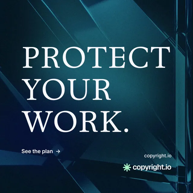 Instagram post for copyright.io: "Protect your work." Minimal luxury style, poster layout, dark palette in blue, black.
