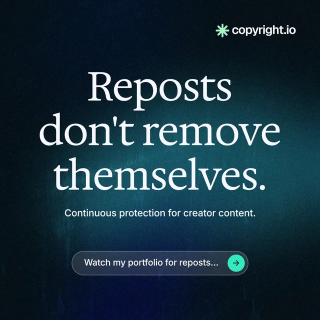 Instagram post for copyright.io: "Reposts don't remove themselves." Agentic glass style, centred layout, dark palette in blue, black.
