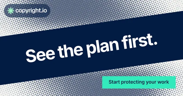 Social ad for copyright.io: "See the plan first." Swiss style, diagonal layout, dark palette in blue, grey, teal.