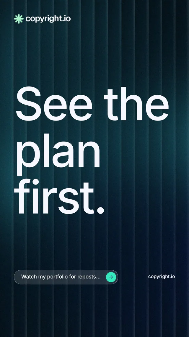 Instagram story for copyright.io: "See the plan first." Agentic glass style, poster layout, dark palette in blue, black.