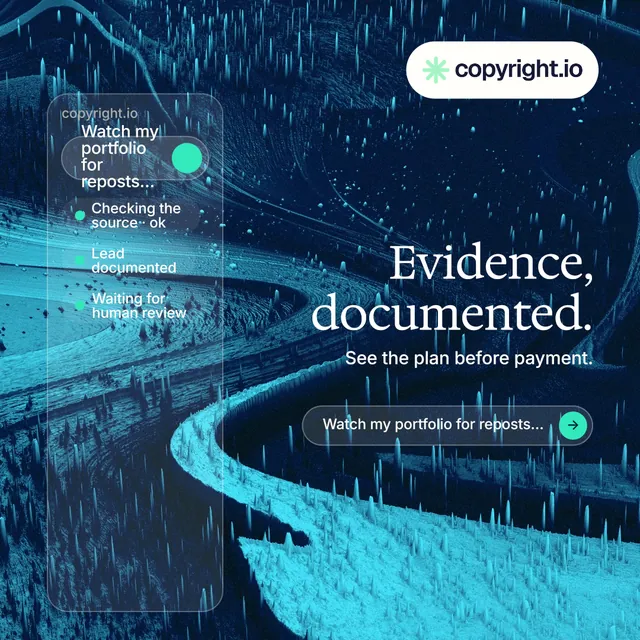 Instagram post for copyright.io: "Evidence, documented." Agentic glass style, right layout, dark palette in teal, black, blue.