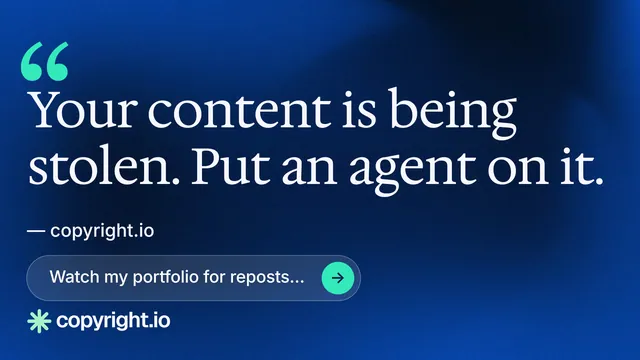 Landscape graphic for copyright.io: "Find your reposted work." Agentic glass style, quote layout, dark palette in blue.