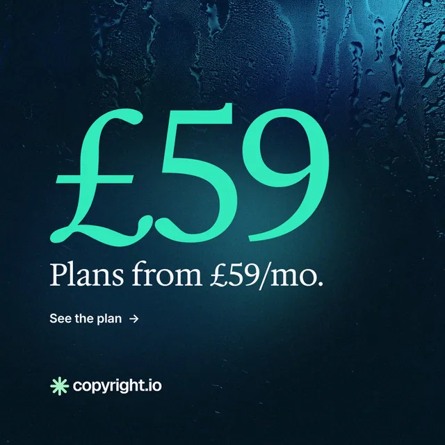 Instagram post for copyright.io: "Protect your work." Minimal luxury style, stat layout, dark palette in blue, black, teal.