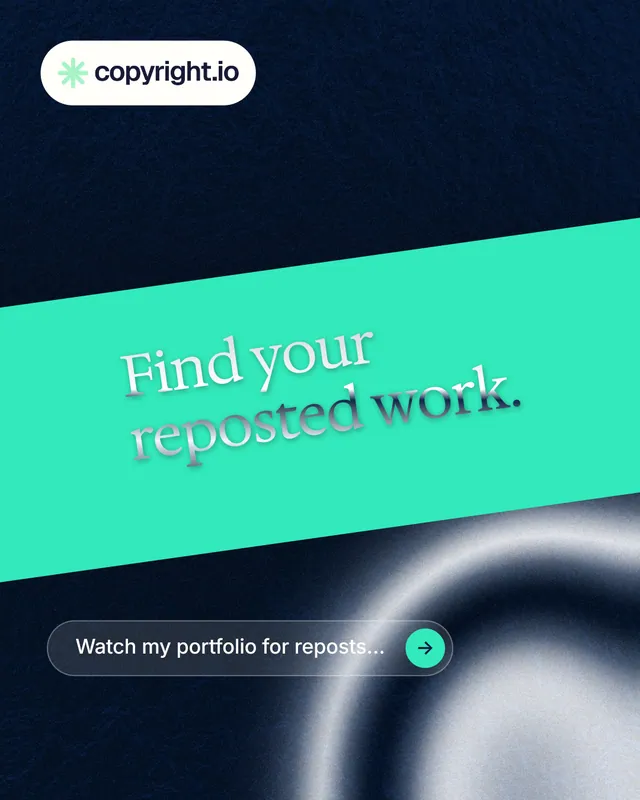 Instagram portrait post for copyright.io: "Find your reposted work." Agentic glass style, diagonal layout, dark palette in teal, black, blue.