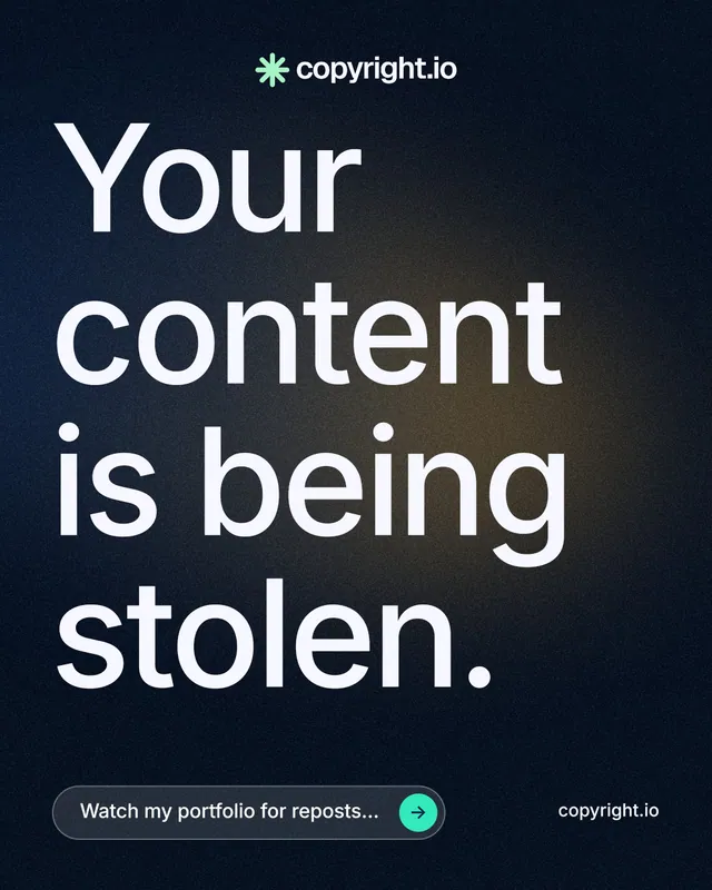 Instagram portrait post for copyright.io: "Your content is being stolen." Agentic glass style, poster layout, dark palette in blue, black, grey.