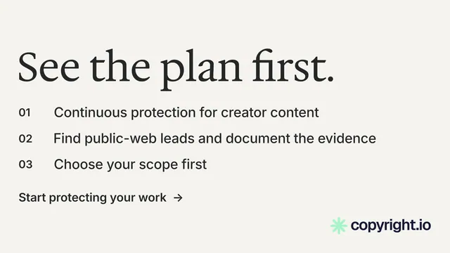 Landscape graphic for copyright.io: "See the plan first." Minimal luxury style, numbered layout, light palette in white, grey.