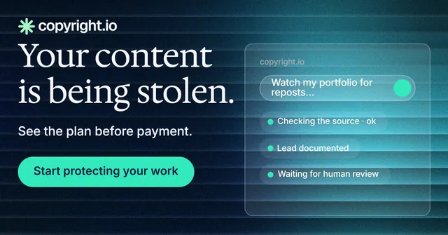 Social ad for copyright.io: "Your content is being stolen." Agentic glass style, skeleton layout, dark palette in teal, blue, black.