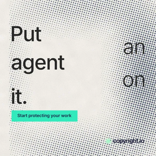Instagram post for copyright.io: "Put an agent on it." Swiss style, stacked layout, light palette in yellow, white, grey.