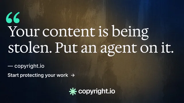 Landscape graphic for copyright.io: "Continuous protection for creators." Minimal luxury style, quote layout, dark palette in black, orange, grey.