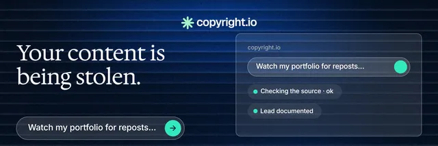 X header for copyright.io: "Your content is being stolen." Agentic glass style, bottom layout, dark palette in blue, black.